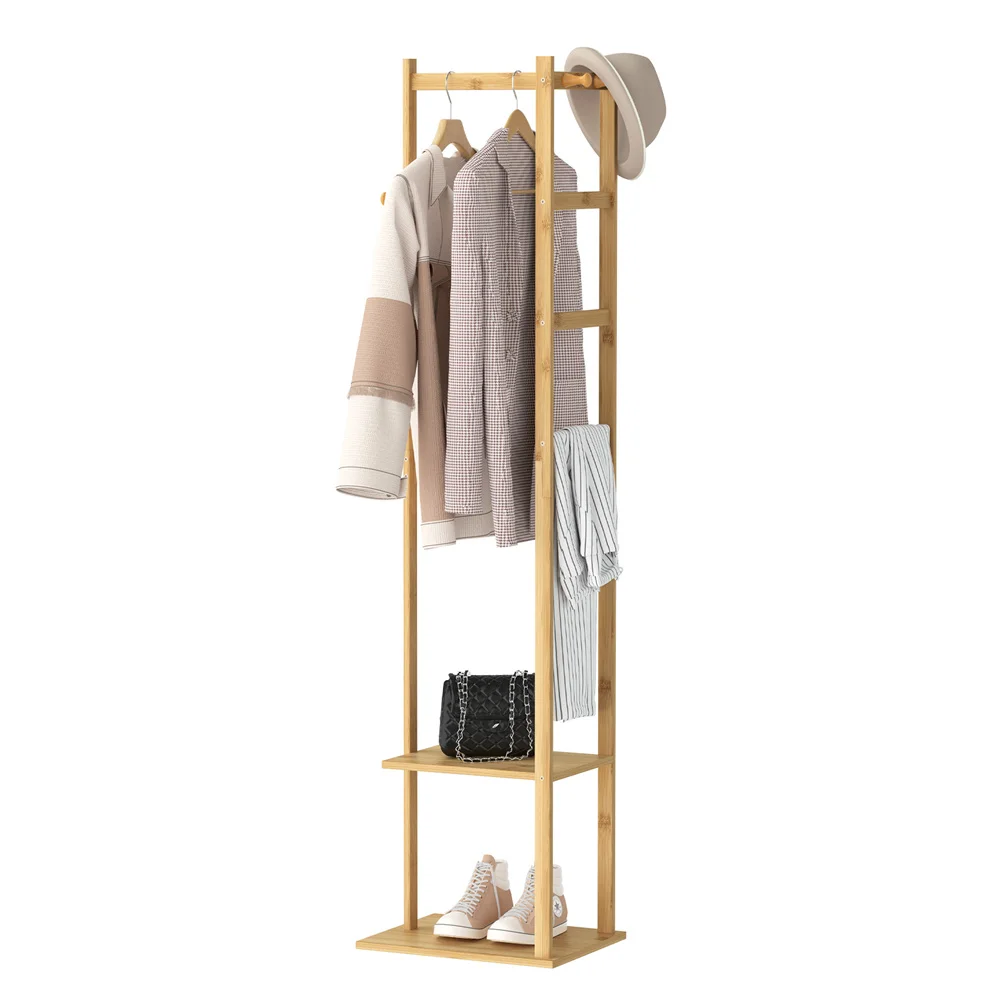 Вешалка для одежды из цельного бамбука, отдельно стоящая Вешалка для одежды с угловой подставкой для хранения одежды с крючками для домашней спальни