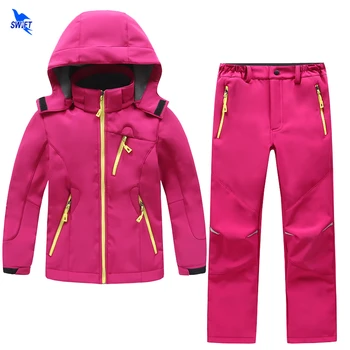 Комплект из 2 предметов, уличная водонепроницаемая детская походная одежда Softshell для мальчиков и девочек, зимняя флисовая куртка + брюки, лыжный спортивный костюм для кемпинга, треккинга