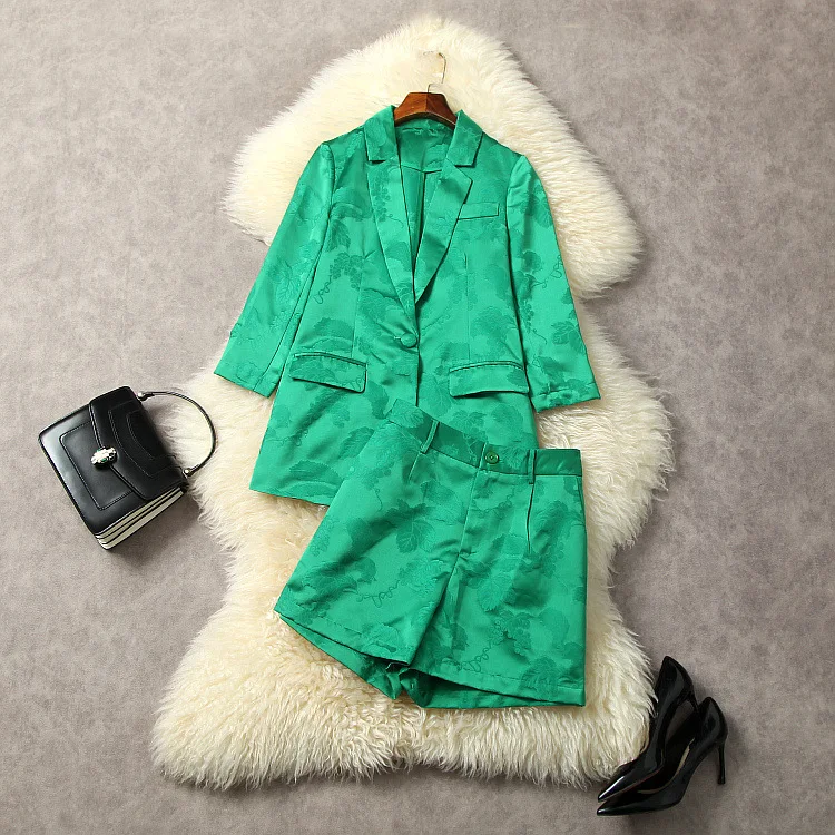 Европейская и американская женская одежда 2023, летний новый костюм с семиточечным рукавом, жаккардовый жакет с воротником, зеленые шорты, модный костюм