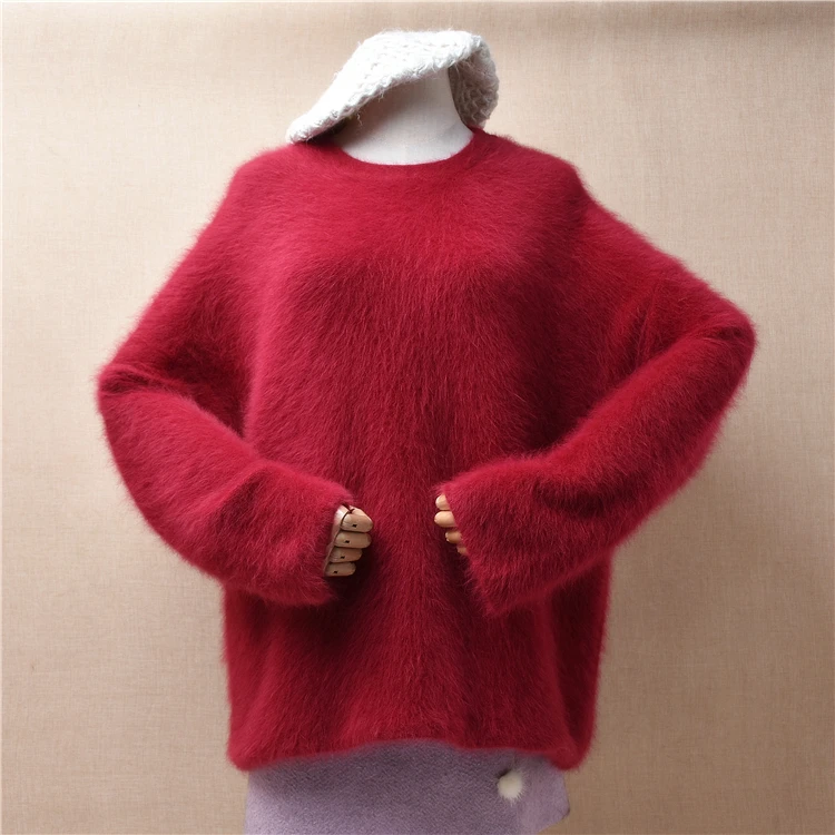 Женская Осенне-зимняя одежда из волосистой норки, кашемировый вязаный Свитер с круглым вырезом и длинными рукавами, Свободный пуловер из шерсти ангорского кролика, свитер, тянущийся