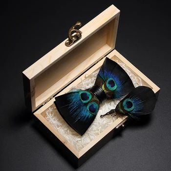 Оригинальный дизайн JEMYGINS, галстук-бабочка из павлиньих перьев, кожаная брошь-бабочка ручной работы, деревянная коробка, подарок для свадебной вечеринки