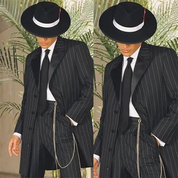 Костюм Homme, черные Мужские костюмы в полоску из 2 предметов, Современный стиль, Сшитый на заказ Длинный Блейзер, Повседневное Пальто для Выпускного Вечера, Официальное деловое Представление