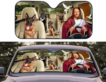 Иисус и немецкая овчарка за рулем автомобиля, солнцезащитный козырек на лобовое стекло, Солнцезащитный козырек для собак, Автомобильные аксессуары, Подарок для христианина