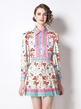 Летнее Дизайнерское плиссированное платье для подиума 2022, Женская рубашка с коротким рукавом и отложным воротником с цветочным принтом, облегающее вечернее мини-платье N8212