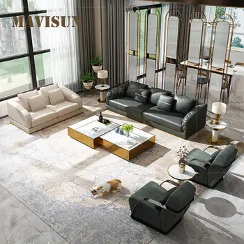 Простое сочетание света Роскошный диван Большая вилла Высококачественная итальянская мебель Кожаный диван в стиле постмодерн для гостиной