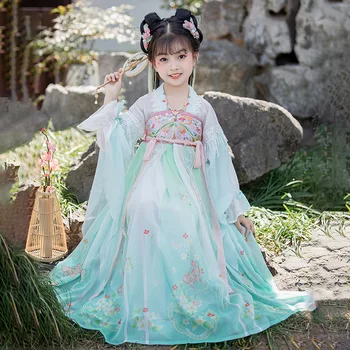 Винтажное Детское платье с вышивкой в виде голубой бабочки Для девочек, Детский китайский народный танцевальный костюм Ханфу, Древний наряд, Одежда для Косплея