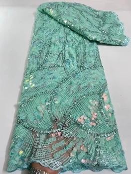 Бирюзово-зеленые Нигерийские Африканские Кружевные ткани с пайетками 2023 Высококачественный Кружевной Материал Французский Тюль Кружевная ткань для пошива платьев