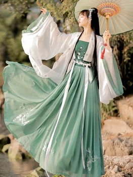 Зеленая Свежая фотография Фото Hanfu Женская оригинальная юбка Юбка с полной талией и широкими рукавами Осенний стиль Повседневной одежды