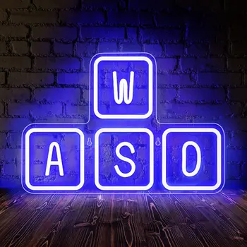 Игровая Неоновая вывеска WASD с питанием от USB, Затемняемая синяя клавиатура, неоновые огни, колпачки для ключей WASD, светодиодная вывеска для декора стен игровой комнаты