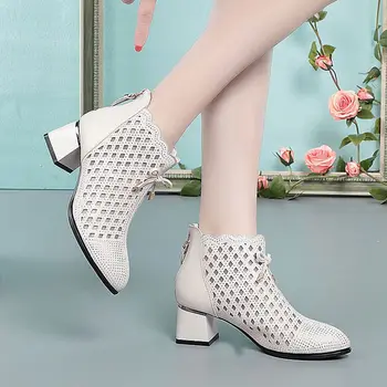 2023 Летние кожаные туфли до щиколотки, женские ботинки на среднем высоком каблуке с застежкой-молнией сзади, дышащие Mujer Zapatos