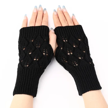 Зимние Теплые вязаные перчатки без пальцев Для женщин, Акриловые эластичные перчатки на руку с полупальцами, вязаные крючком, Искусственные перчатки-варежки для девочек