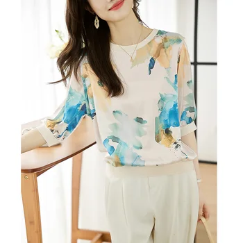Корейская версия Шифоновой модной свободной футболки с принтом, Топ 2023, Летняя новинка, Женская блузка с коротким рукавом и круглым вырезом T549
