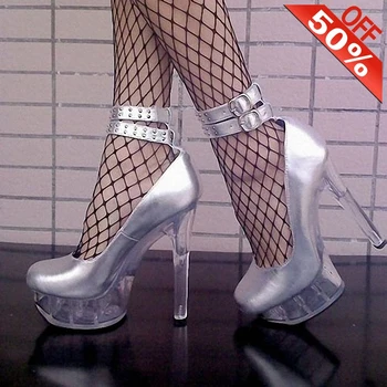 Высококачественная женская обувь С серебряными заклепками, Неглубокие Пикантные туфли на шпильке 15 см, вечерние туфли со стразами, 6-дюймовые лодочки на платформе в готическом стиле