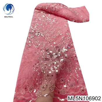 2023 Роскошное Африканское Розовое Кружево, Тюлевая ткань, 3D Блестки, Нигерийская вышивка бисером Ручной работы, Ткань Для Свадебного платья ML5N1069