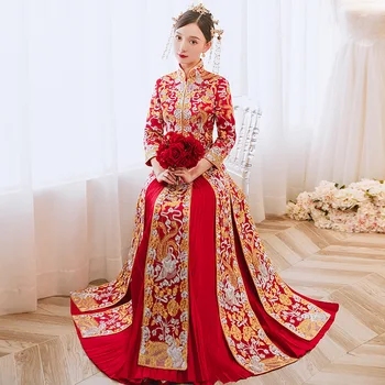 Летняя Свадебная одежда с Вышивкой Феникса и Цветочным Рисунком, Высококачественное китайское Традиционное Свадебное платье Невесты Ципао