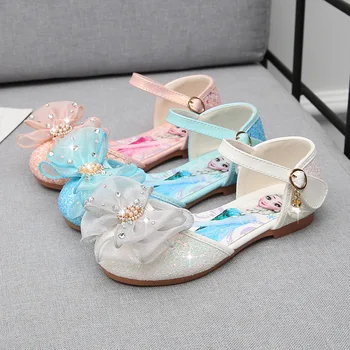 Disney/ модные туфли принцессы с милым бантом для девочек в корейском стиле, с полыми буквами и пряжкой, со стразами, тонкие туфли принцессы Эльзы