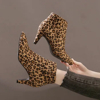 Сапоги, Женские Осенние ботильоны, Пикантные женские туфли на высоком каблуке из Флока, Леопардовые короткие зимние ботинки на молнии, Женская обувь для взрослых, женские ботинки