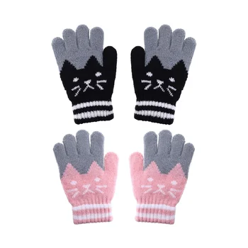 2 пары детских зимних перчаток, вязаные перчатки с полными пальцами, теплые эластичные варежки для девочек (серые, розовые)