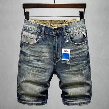 Летние Модные мужские джинсы в стиле ретро, синие, застиранные, эластичные, облегающие, рваные Короткие джинсы, Высококачественные винтажные дизайнерские джинсовые шорты, Мужские