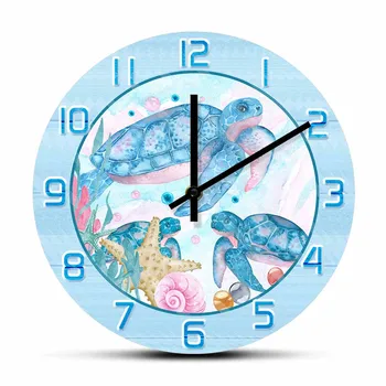 Настенные часы с акварелью и принтом морских черепах для детей, Детская комната под Морским Океаном, Домашний декор, Бесшумные настенные часы с разверткой