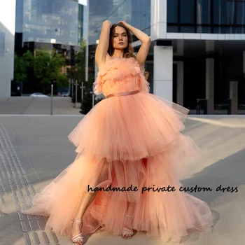 Свежие розовые тюлевые вечерние платья с высокой посадкой без бретелек, длинное сказочное платье для выпускного вечера, индивидуальные женские платья для празднования
