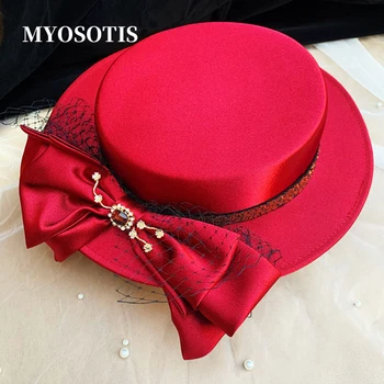 Красные женские шляпы fascinators для свадеб банкетный элегантный бантом ручной работы, цветы из бисера тюль Принцесса невесты аксессуары