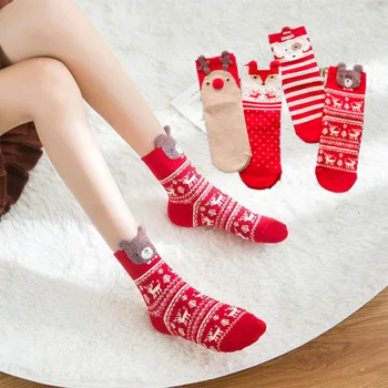 Осенне-зимние рождественские красные носки, объемные рождественские носки с героями мультфильмов, милые женские носки с рисунком лося средней длины