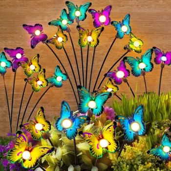 Солнечные садовые фонари Декор сада с бабочками Пейзаж Солнечные бабочки, качающиеся огни, Танцующие на ветру Колья, Газон во дворе, патио