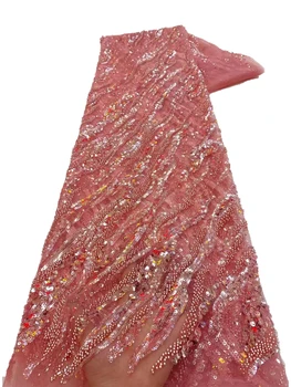 Кружевная ткань из Нигерийского Тюля с пайетками 2023, Вышитая французская Сетчатая Кружевная ткань с бисером для Свадебного платья YY328