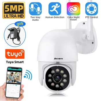 Tuya Smart 5MP Wifi Камера Безопасности Цветного Ночного Видения Наружная Водонепроницаемая Беспроводная PTZ IP Камера Наблюдения 2MP Автоматическое Отслеживание