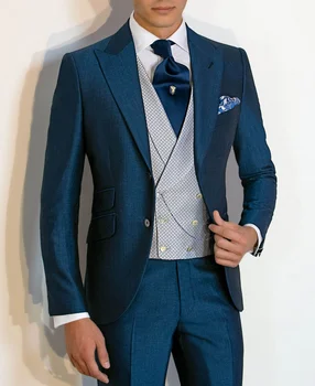 Синий Костюм Жениха с отворотом и одной пуговицей, Современные приталенные Смокинги на заказ Для Мужчин, Высококачественная куртка из 2 предметов + брюки Trajes De Hombre
