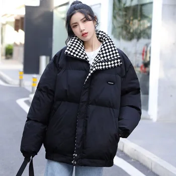 Зимние Куртки Нового стиля, Женская Длинная пуховая куртка с сеткой в шахматном порядке, Корейские Свободные Пальто с капюшоном, женские