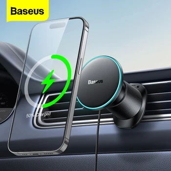 Автомобильный держатель телефона Baseus, беспроводное зарядное устройство для iPhone 14 13 12 Pro Max Samsung 15 Вт, светодиодное магнитное беспроводное зарядное устройство для быстрой зарядки