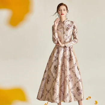 Весенне-осеннее женское платье со стоячим воротником, Добби, цветочное платье с высокой талией, Женские Осенние Тонкие Жаккардовые Винтажные Элегантные Длинные платья