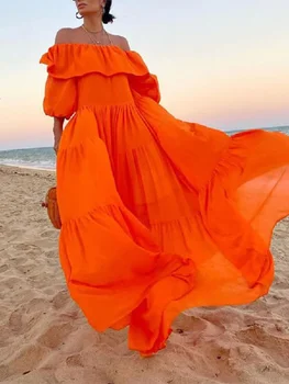 Missuoo 2023, Летнее Новое Женское Оранжевое Однотонное Длинное Пляжное Платье с открытыми плечами, Короткими Пышными Рукавами, Свободные Платья для Женщин