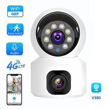 V380 4G Sim-карта Камера для помещений С двойным объективом 4MP Цветное Ночное Видение Двухстороннее Аудио Автоматическое отслеживание Беспроводное Видеонаблюдение Camara