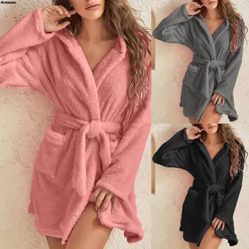 2023 Осенне-зимняя плюшевая пижама с капюшоном, однотонный теплый халат, женский домашний