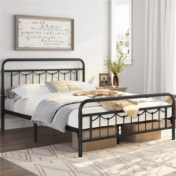 Кровать на металлической платформе с винтажным изголовьем и изножьем, прочная и долговечна, Черная матовая, Спальня
