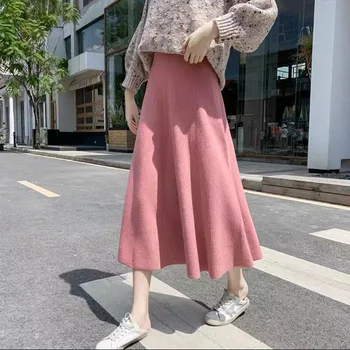 Осень Зима 2023, женская розовая юбка, вязаная модная повседневная легкая роскошная женская длинная юбка с высокой талией