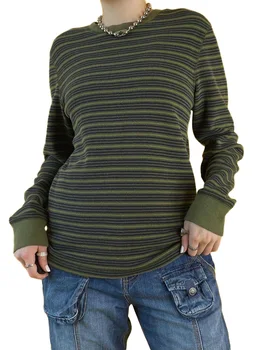 Женский Свободный трикотаж с круглым вырезом и принтом в полоску, вязаный свитер в рубчик с длинными рукавами на весну-осень