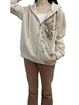 Женская толстовка оверсайз в стиле ретро с цветочным принтом и завязками - Винтажная эстетичная куртка на молнии для девочек в готическом стиле