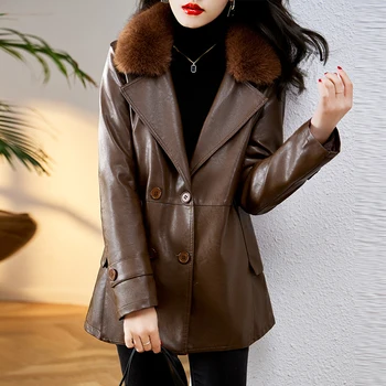 Новая осенне-зимняя женская куртка из искусственной кожи большого размера с воротником из искусственного меха, Теплое мягкое пальто на утолщенной подкладке, куртки с длинными рукавами