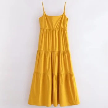 Увядшее желтое Поплиновое Французское Винтажное летнее платье на бретелях Женское Повседневное Плиссированное Модное Женское платье Миди