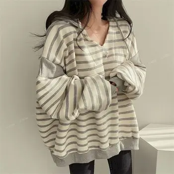 Полосатые толстовки для женщин, Корейская свободная модная толстовка с капюшоном, Весна-осень-Зима, Повседневный тонкий или плюшевый пуловер, куртка с капюшоном, топы Y2k