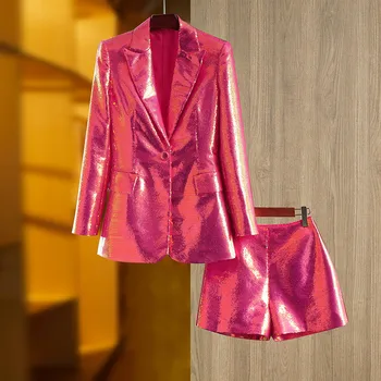 2023 Женский новый уникальный костюм из ткани с блестками, Блейзер на одной пуговице, Шорты цвета Фушчии, Леди 2 шт.