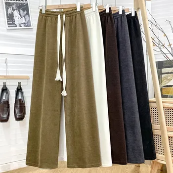 Lucyever, Осенне-зимние флисовые брюки для женщин, повседневные утепленные теплые широкие брюки, Женские Корейские Свободные прямые брюки с завязками