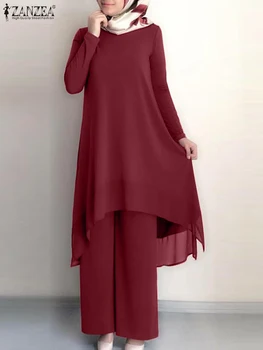 ZANZEA, женские комплекты, турецкий костюм Абайя, Мусульманские комплекты из двух предметов, Женская однотонная блузка, Повседневные Свободные брюки, Костюмы, Исламская одежда