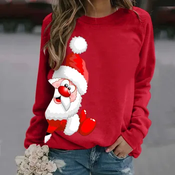 Женская толстовка, толстовки с принтом Санта-Клауса, Топ с длинным рукавом, повседневный пуловер, Рождественские футболки Оверсайз, Уличный свободный свитер