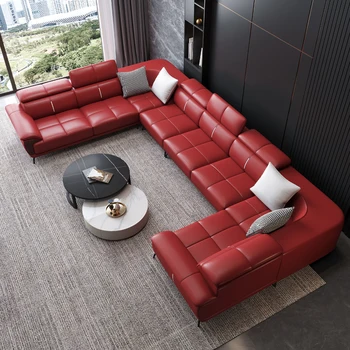 Сочетание большой красной U-образной угловой гостиной в скандинавском итальянском стиле с клубным залом KTV, кожаным диваном для гостеприимства
