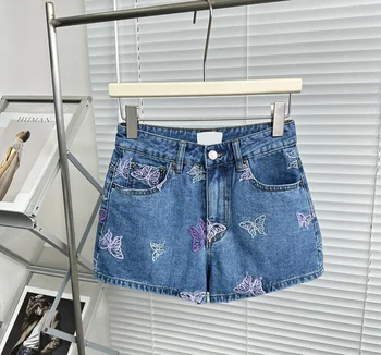 Весенне-летний новый дизайн с вышивкой в виде бабочки, джинсовые шорты с высокой талией, универсальные горячие брюки для женщин